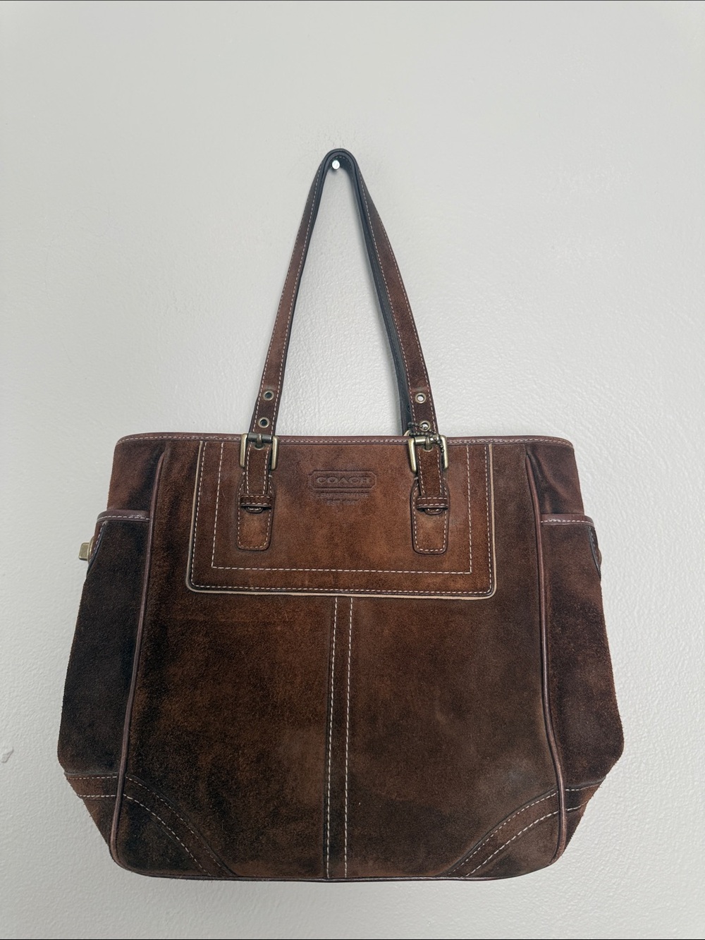 Vintage Coach Y2K Dark Brown Suede Tote with Leather Straps